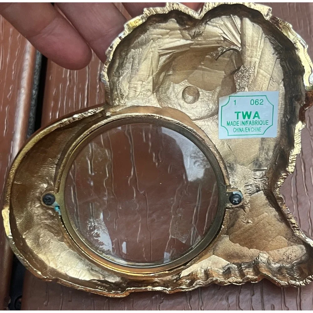 TWA Vintage Gold Tone Rhinestone Lion Picture Frame Amber Jeweled Small 4 Inch